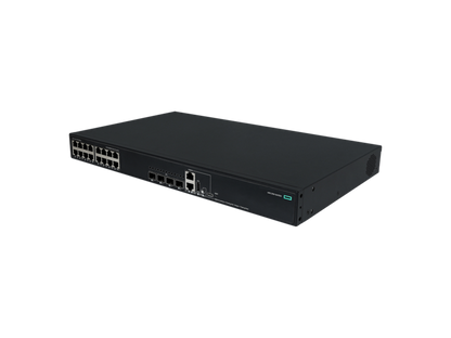 Black hpe s6x55a abg network switch back with 16 gigabit poe+ ethernet ports green power indicator light