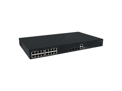 Black rectangular hpe s6x55a abg 16-port gigabit poe+ network switch with ethernet ports and 4x 10g sfp+ slots