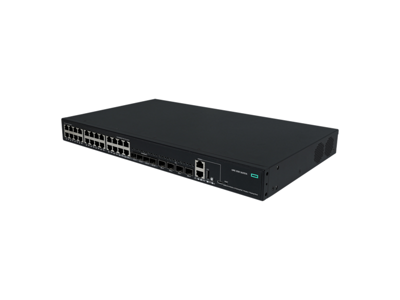 Black hpe s6x51a abg cw 2150 24-port gigabit poe+ switch with multiple ethernet ports and green power indicator light
