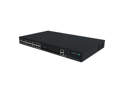 Black hpe s6x51a abg cw 2150 24-port gigabit poe+ switch with multiple ethernet ports and green power indicator light