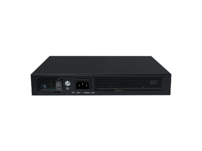 Black rectangular hpe cw 2150 8-port gigabit poe+ switch back with perforated ventilation grilles and power input port