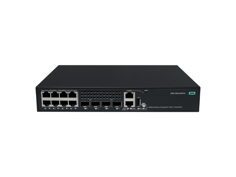 Black hpe s6x57a network switch with 8 gigabit poe+ ports 125w and 2 10g sfp+ ports with green power light
