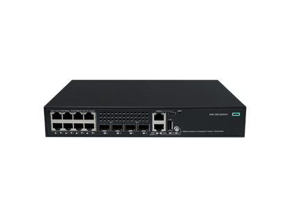 Black hpe s6x57a network switch with 8 gigabit poe+ ports 125w and 2 10g sfp+ ports with green power light