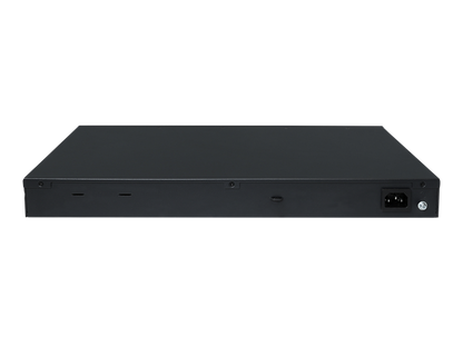 Rear view of black matte hpe s6x71a abg cw 2050 48-port gigabit poe plus switch with visible power input port