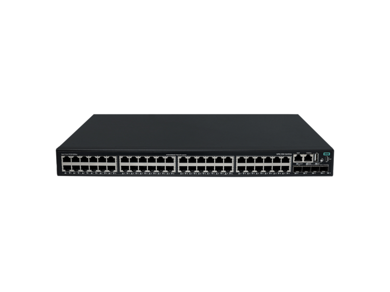 Black HPE S6X53A#ABG 48-port gigabit PoE+ network switch with indicator lights on the back panel