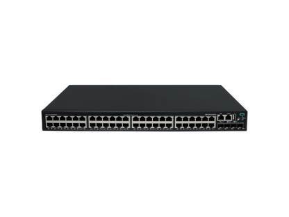 Black HPE S6X53A#ABG 48-port gigabit PoE+ network switch with indicator lights on the back panel
