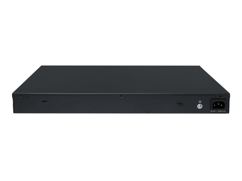 Black metal back side of hpe s6x53a abg cw 2150 48-port gigabit poe plus switch showing power port and indicator light
