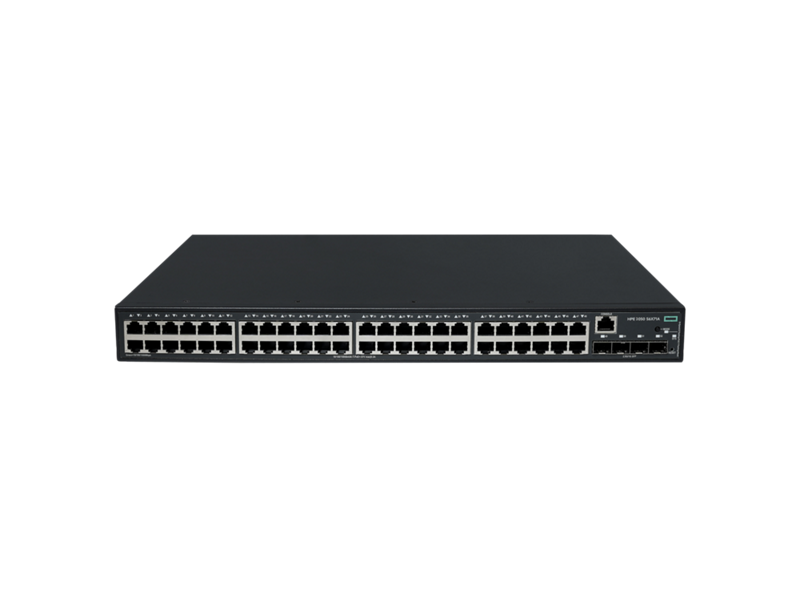 Black HPE S6X71A ABG gigabit PoE+ switch showing multiple ethernet ports and a small green LED indicator on back side