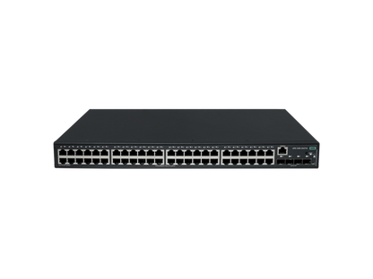 Black HPE S6X71A ABG gigabit PoE+ switch showing multiple ethernet ports and a small green LED indicator on back side