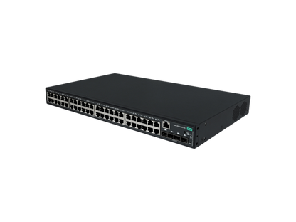 Black hpe s6x71a abg 48-port gigabit poe+ switch showing multiple ethernet ports and green status indicator on back