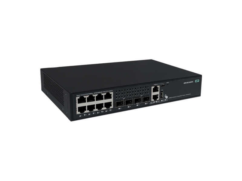 Black HPE S6X57A#ABG CW 2150 8-port gigabit PoE+ switch with multiple ethernet ports and ventilation slots shown from back