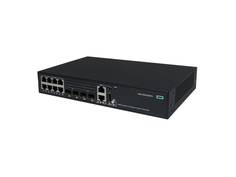 Black hp 250-34x7a network switch backside showing 8-port gigabit poe 125w and 2x 10g sfp+ slots with ventilation slots