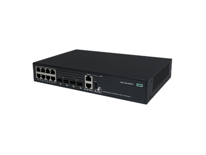 Black hp 250-34x7a network switch backside showing 8-port gigabit poe 125w and 2x 10g sfp+ slots with ventilation slots