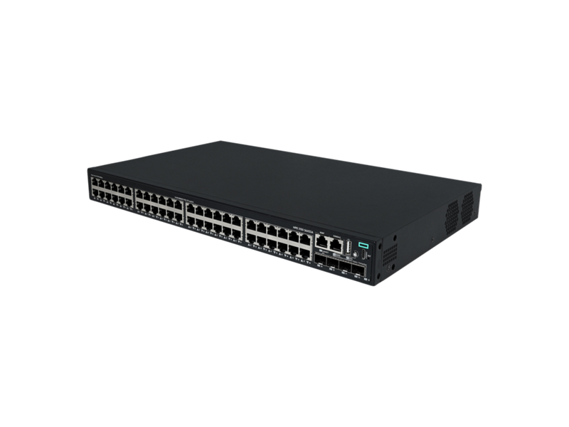 Black rectangular HPE CW 2150 48-port gigabit PoE+ switch with 390W power and multiple ethernet indicator lights