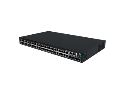 Black rectangular HPE CW 2150 48-port gigabit PoE+ switch with 390W power and multiple ethernet indicator lights
