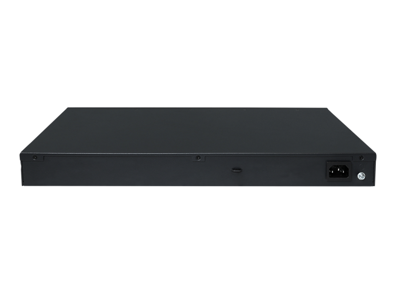 Black rectangular hpe s6x72a abg rear view showing power input port on matte cw 2050 24-port gigabit poe+ switch