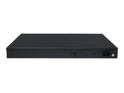 Black rectangular hpe s6x72a abg rear view showing power input port on matte cw 2050 24-port gigabit poe+ switch