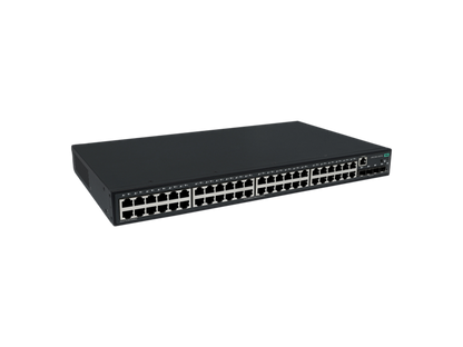 Black HPE S6X71A#ABG CW 2050 48-port gigabit PoE+ switch back with multiple ethernet ports and green power indicator light