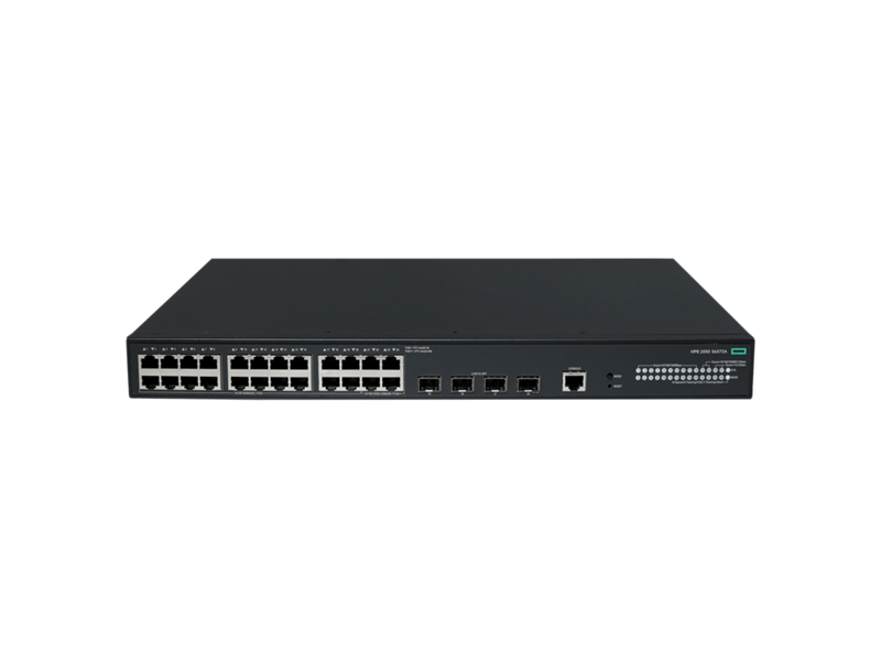 Black hpe s6x72a abg network switch with 24 gigabit poe+ ports 420w and 4 sfp shown from the back side