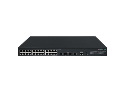 Black hpe s6x72a abg network switch with 24 gigabit poe+ ports 420w and 4 sfp shown from the back side