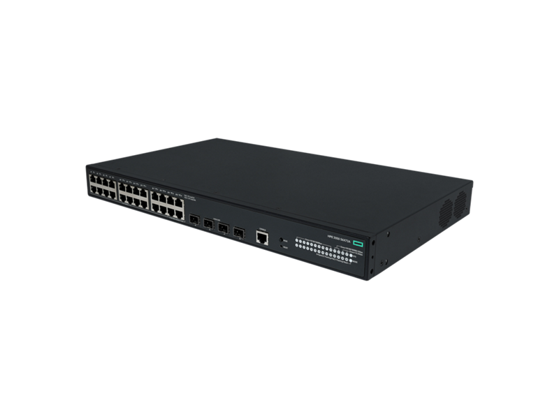 Black hp 2810-475 network switch showing multiple ethernet ports and indicator lights in hpe s6x72a abg model