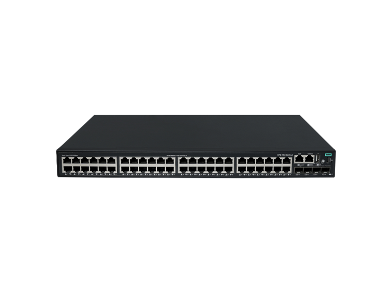 Black hpe s6x54a abg network switch showing multiple ethernet ports and green power indicator light on the front side
