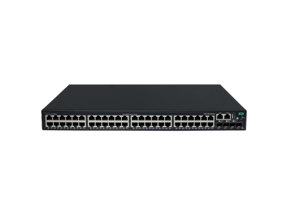 Black hpe s6x54a abg network switch showing multiple ethernet ports and green power indicator light on the front side