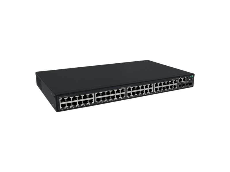 Black hpe s6x54a abg cw 2150 48-port gigabit poe plus switch with multiple ethernet ports and green power light