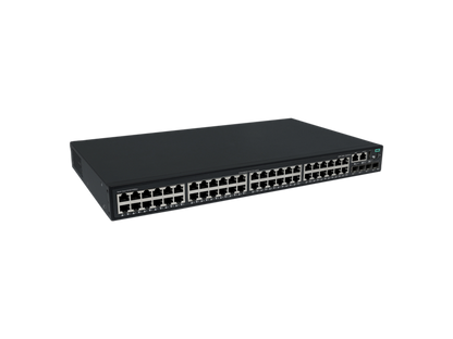 Black hpe s6x54a abg cw 2150 48-port gigabit poe plus switch with multiple ethernet ports and green power light