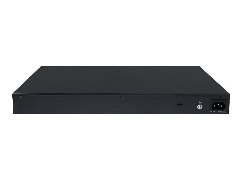 Black metal hpe s6x55a abg network switch back side showing power port with 16 gigabit poe ports and 4 10g sfp plus slots