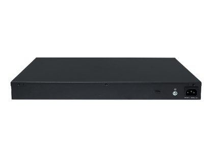 Black metal hpe s6x55a abg network switch back side showing power port with 16 gigabit poe ports and 4 10g sfp plus slots