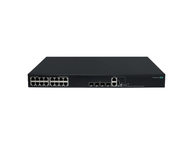 Black hpe s6x55a abg 16-port gigabit poe+ switch with multiple ethernet ports and green power indicator light