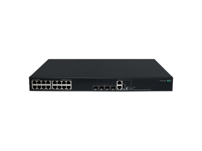 Black hpe s6x55a abg 16-port gigabit poe+ switch with multiple ethernet ports and green power indicator light