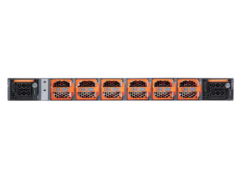 Juniper qfx5140 1ru 4-post rack mount kit with orange honeycomb-patterned server modules black perforated fronts and metallic sides