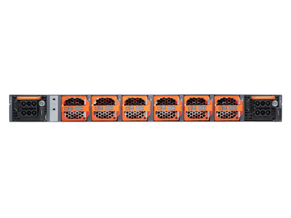 Juniper qfx5140 1ru 4-post rack mount kit with orange honeycomb-patterned server modules black perforated fronts and metallic sides
