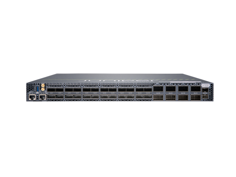 Gray metal juniper qfx5140 1ru 4-post tool-less rack mount kit back side with multiple ports and ventilation slots