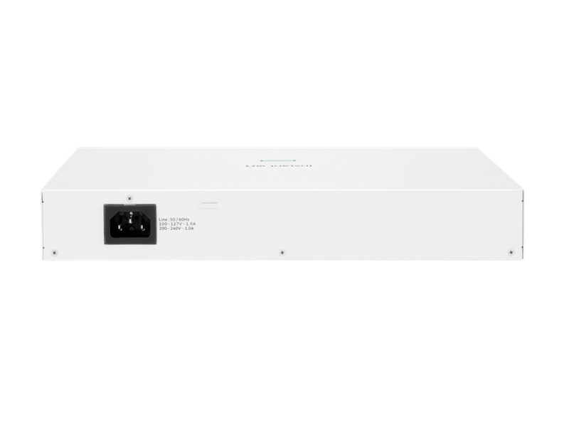 Back of white aruba instant on 1940 24-port gigabit poe+ switch with black power input port and voltage specifications