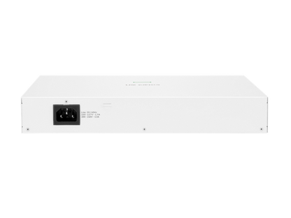 Back side of white aruba instant on s4a34a abg 48-port gigabit poe switch with black power input and voltage specs