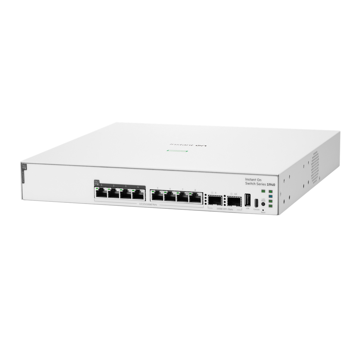 White plastic Aruba Instant On S4A31A ABG network switch with 24 gigabit PoE+ ports and USB connectivity shown from back side