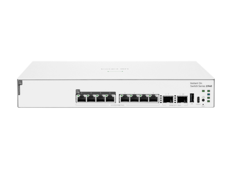 White hp instant on switch series 1960 back side showing multiple ethernet ports and usb connectivity for network use