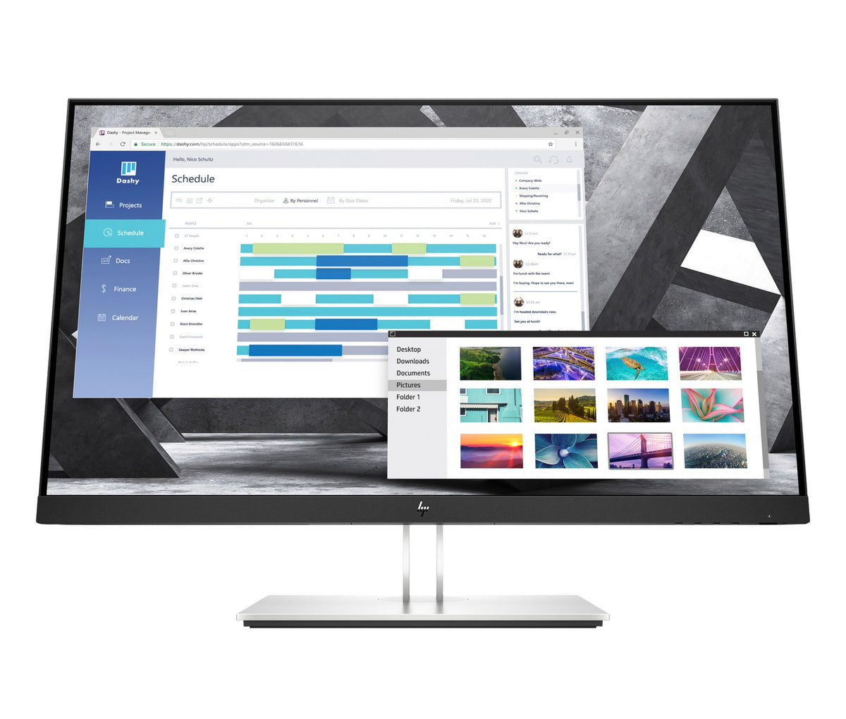 Black-framed hp 9vg82aa e27q g4 27in qhd ips monitor with sleek silver stand showing digital interface and photo gallery