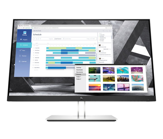 Black-framed hp 9vg82aa e27q g4 27in qhd ips monitor with sleek silver stand showing digital interface and photo gallery