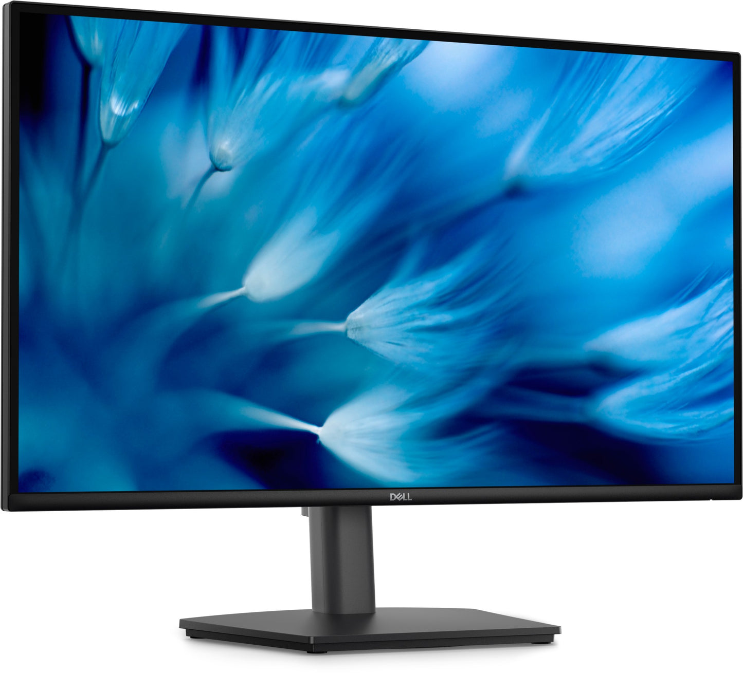 Black dell e2726ds pro 27in qhd ips monitor with sleek minimalist design and vibrant blue abstract wallpaper