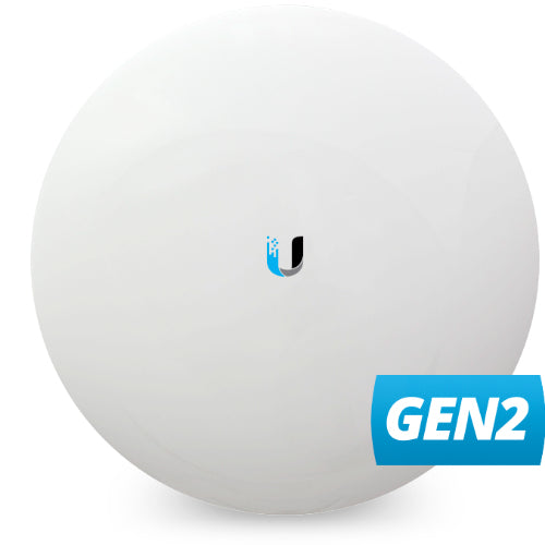 Ubiquiti NanoBeam 5AC Gen2 white circular access point with gen2 label