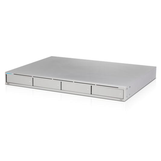 Silver metal ubiquiti unvr-au uniﬁ protect nvr server rack with four front-facing drive bays and 10g sfp+ port