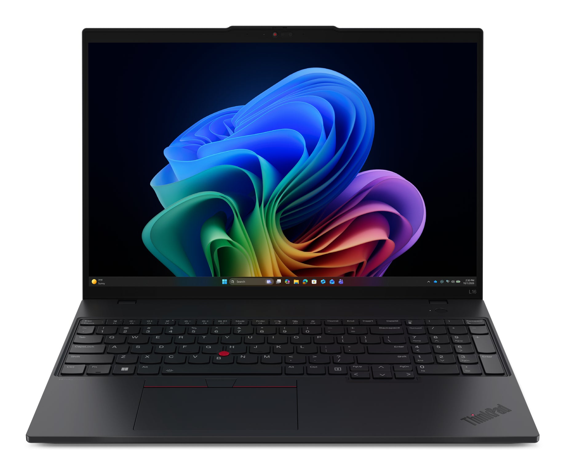 Black lenovo thinkpad l16 gen 3 16-inch laptop with ryzen ai 5 435 processor and vibrant abstract wallpaper on screen