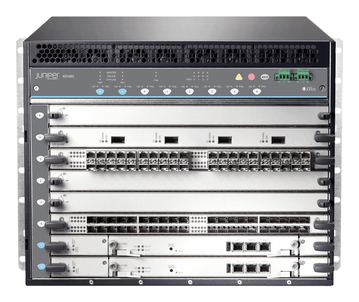 Black and silver juniper mx480 modular edge router with multiple ethernet ports indicator lights and honeycomb grille top