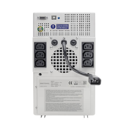 White plastic back side of Eaton Tripp Lite SmartPro SMX700HGL medical-grade UPS with six black C13 power outlets and ventilation grille