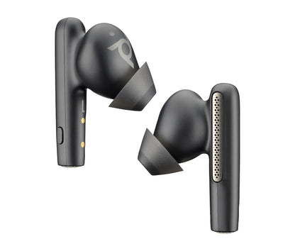 Poly Voyager Free 60 UC M black wireless earbuds with gold accents