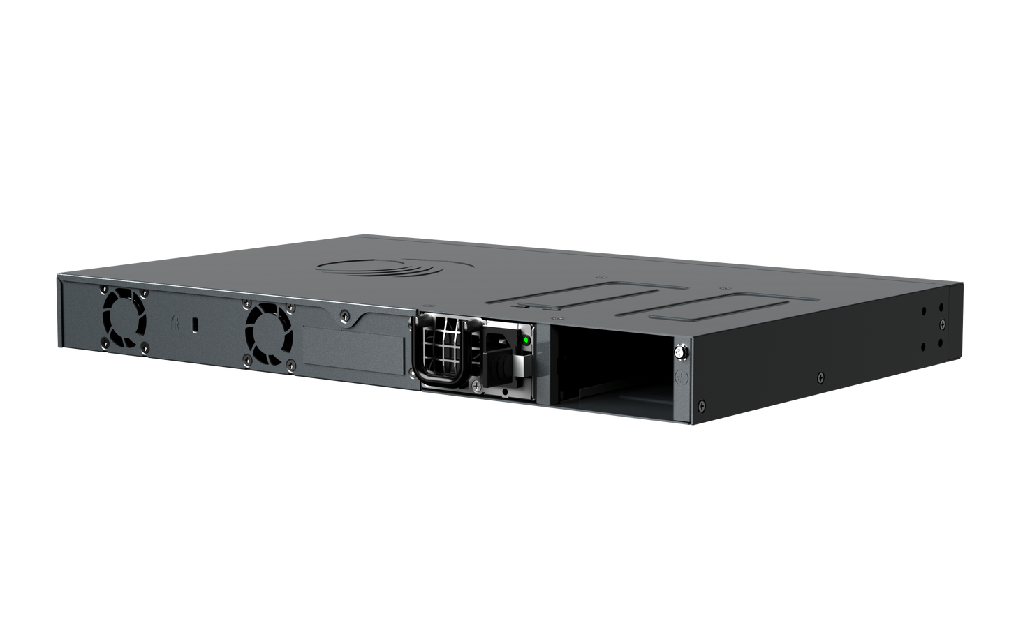 Back of Cambium cnMatrix EX3028R-P switch with black metal rack, dual fans, PSU
